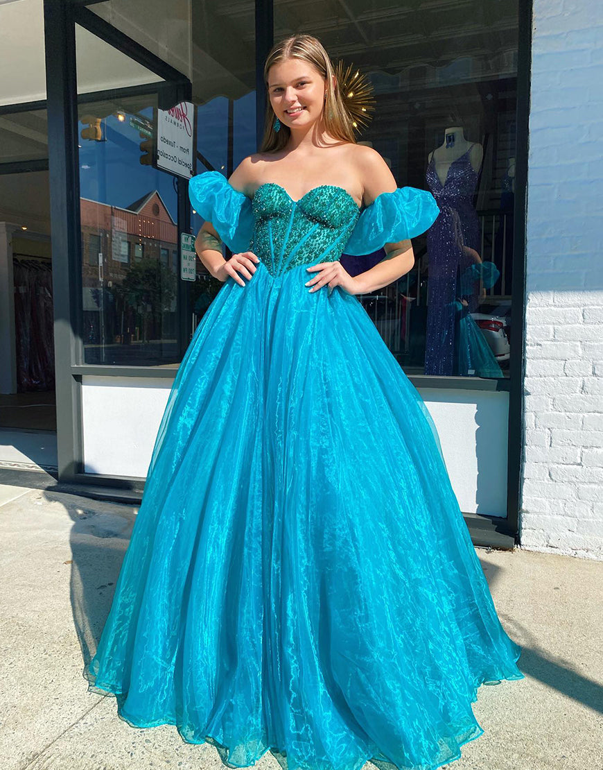 A-Line Blue Off-the-Shoulder Prom Dress