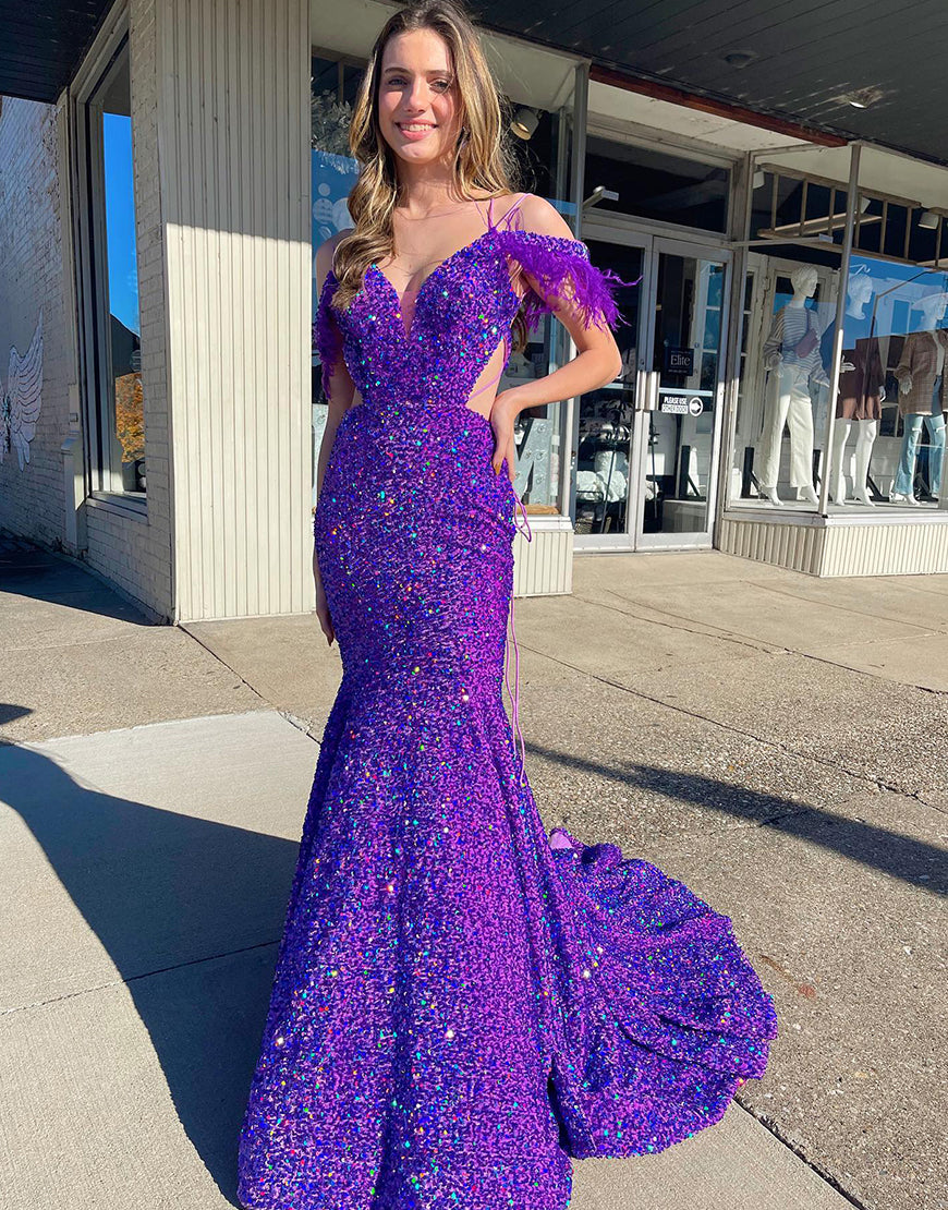 Sexy Glitter V Neck Mermaid Purple Long Prom Dress