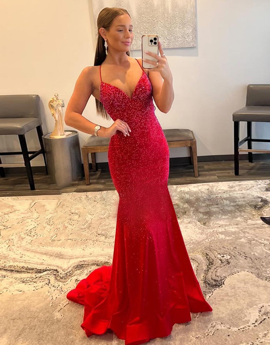 Flared V-neck Spaghetti Straps Long Prom Dress