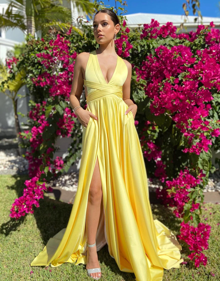 A-Line Satin V Neck Long Prom Dress
