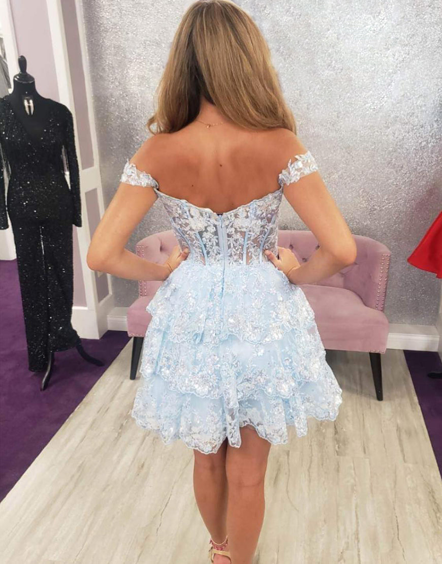 Sparkly Red Off The Shoulder A-Line Tiered Short Party Dress