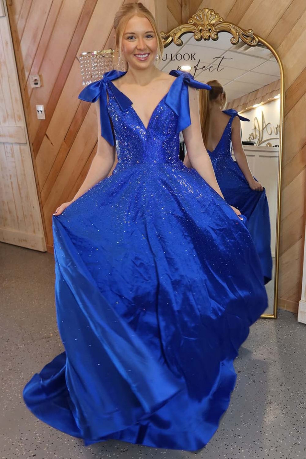 A-Line Beaded Prom Gown with Straps Bows