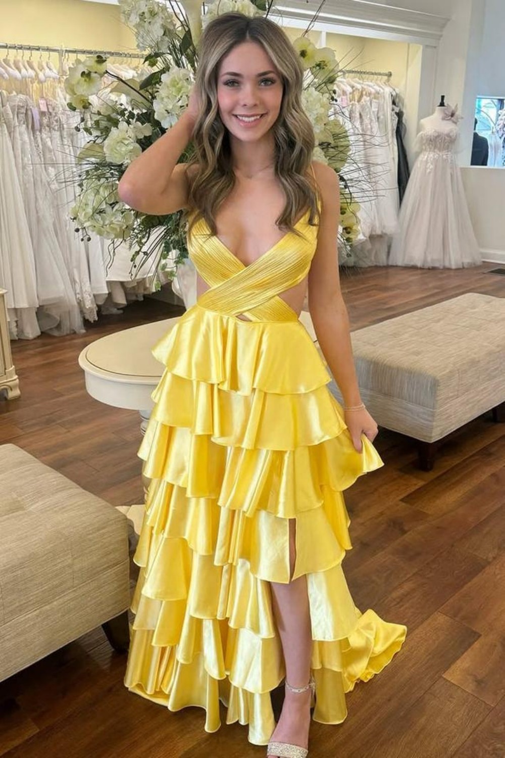 Charming A Line V-Neck Red Satin Slit Tiered Prom Dresses