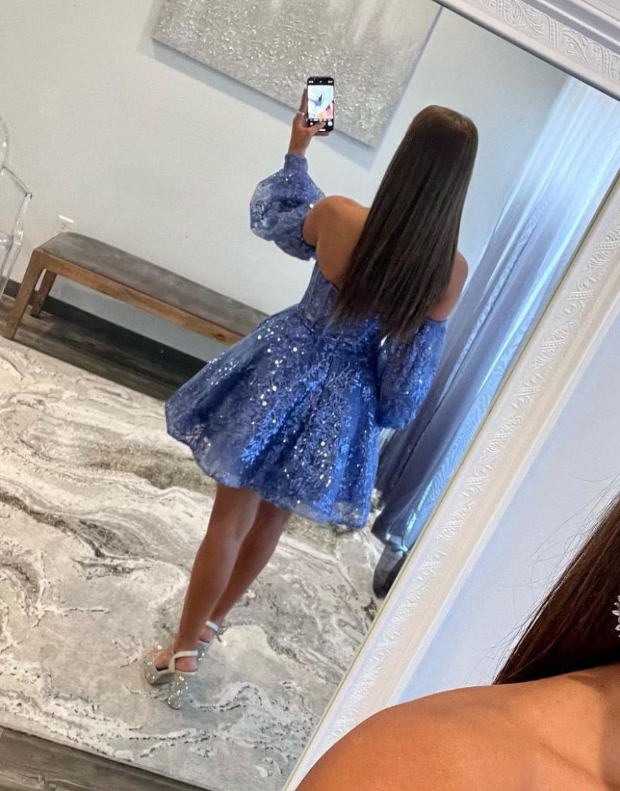 Blue A-Line Lace Homecoming Dress With Detachable Sleeves