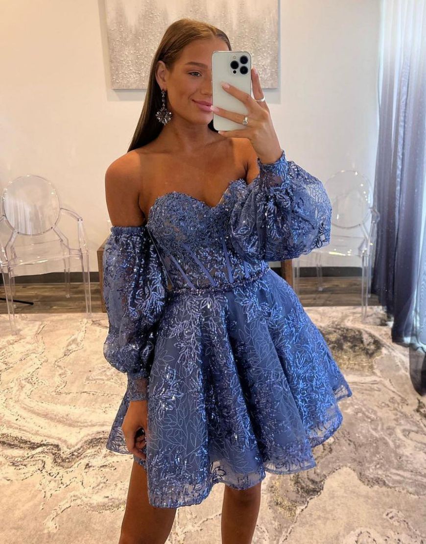 Blue A-Line Lace Homecoming Dress With Detachable Sleeves