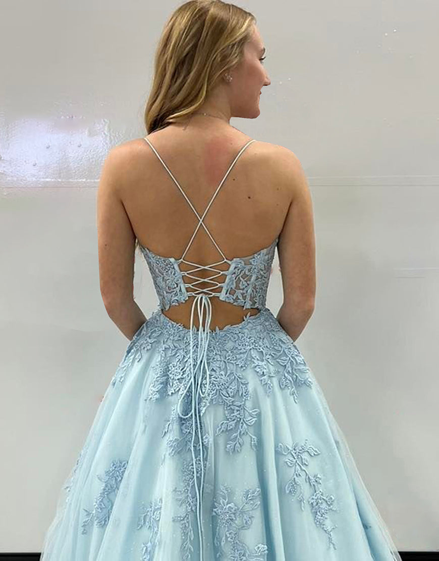 A-Line Spaghetti Straps Corset Back long Prom Dress With Appliques