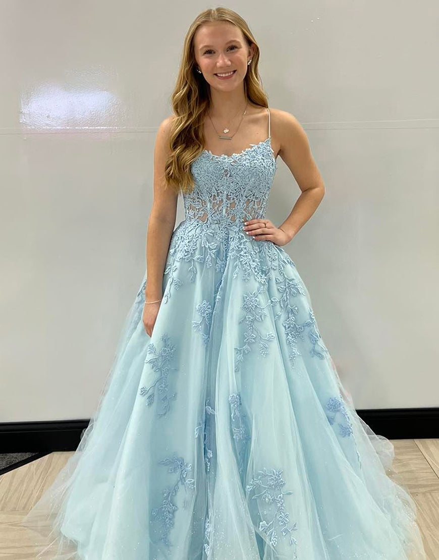 A-Line Spaghetti Straps Corset Back long Prom Dress With Appliques