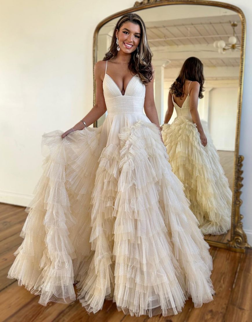 A-Line V-Neck Spaghetti Straps Long Tiered Tulle Prom Dress