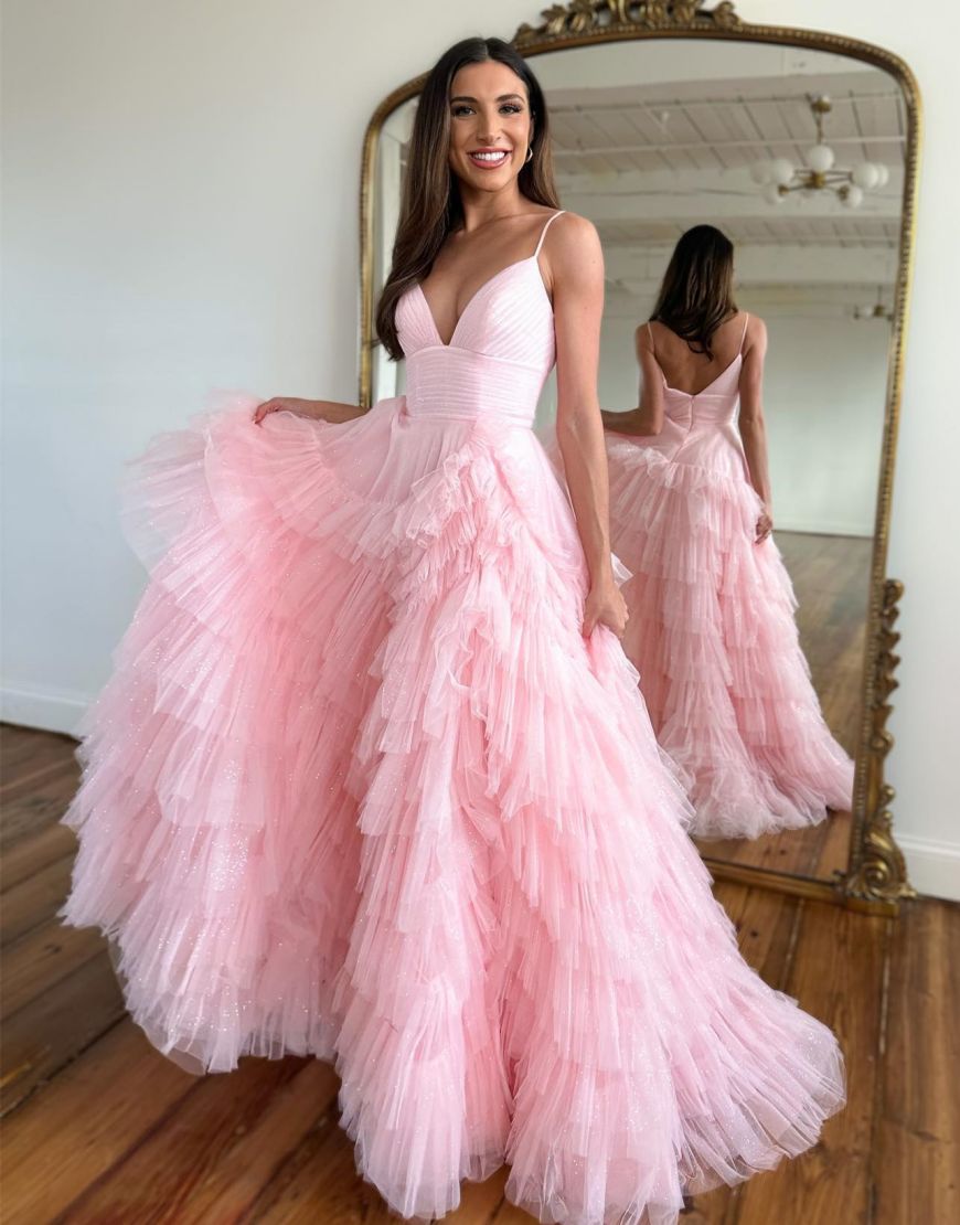 A-Line V-Neck Spaghetti Straps Long Tiered Tulle Prom Dress