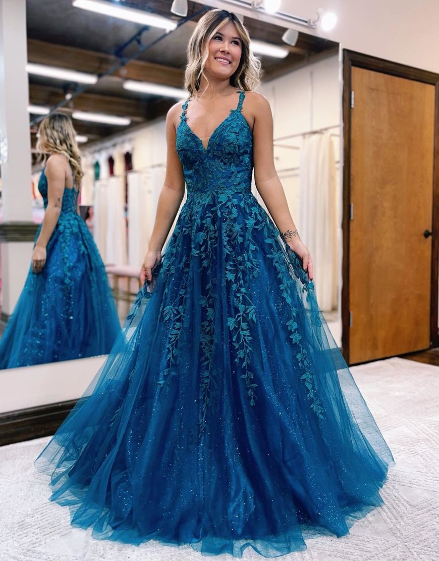 A-line Spaghetti Straps Corset Back Prom Dress With Appliques