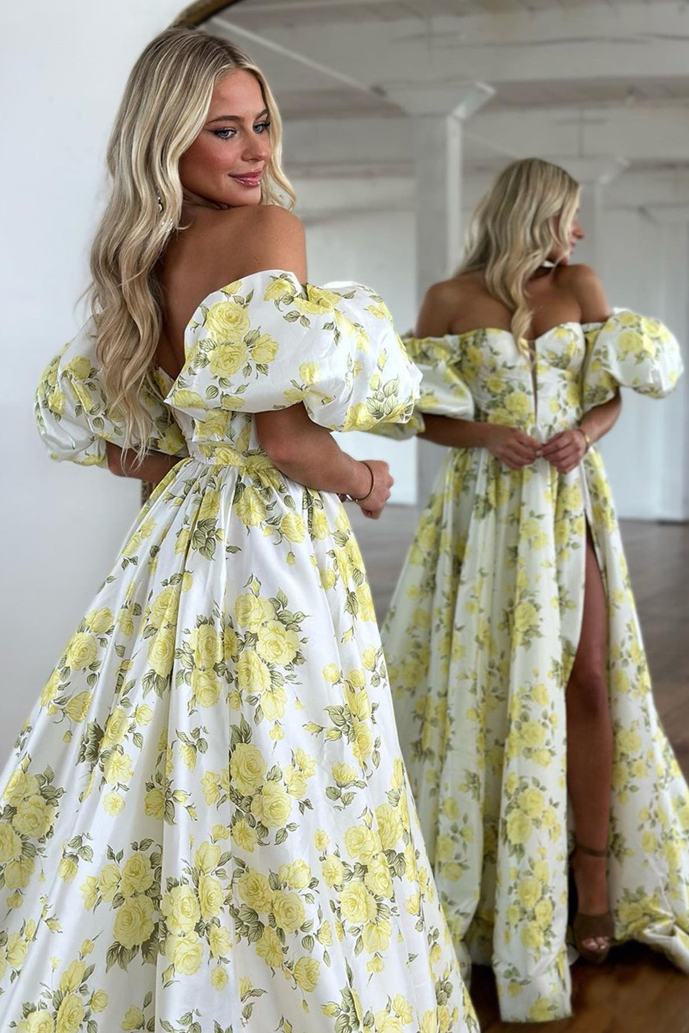 Attractive A-Line Off The Shoulder Long Prom Dress With Puff Sleeves