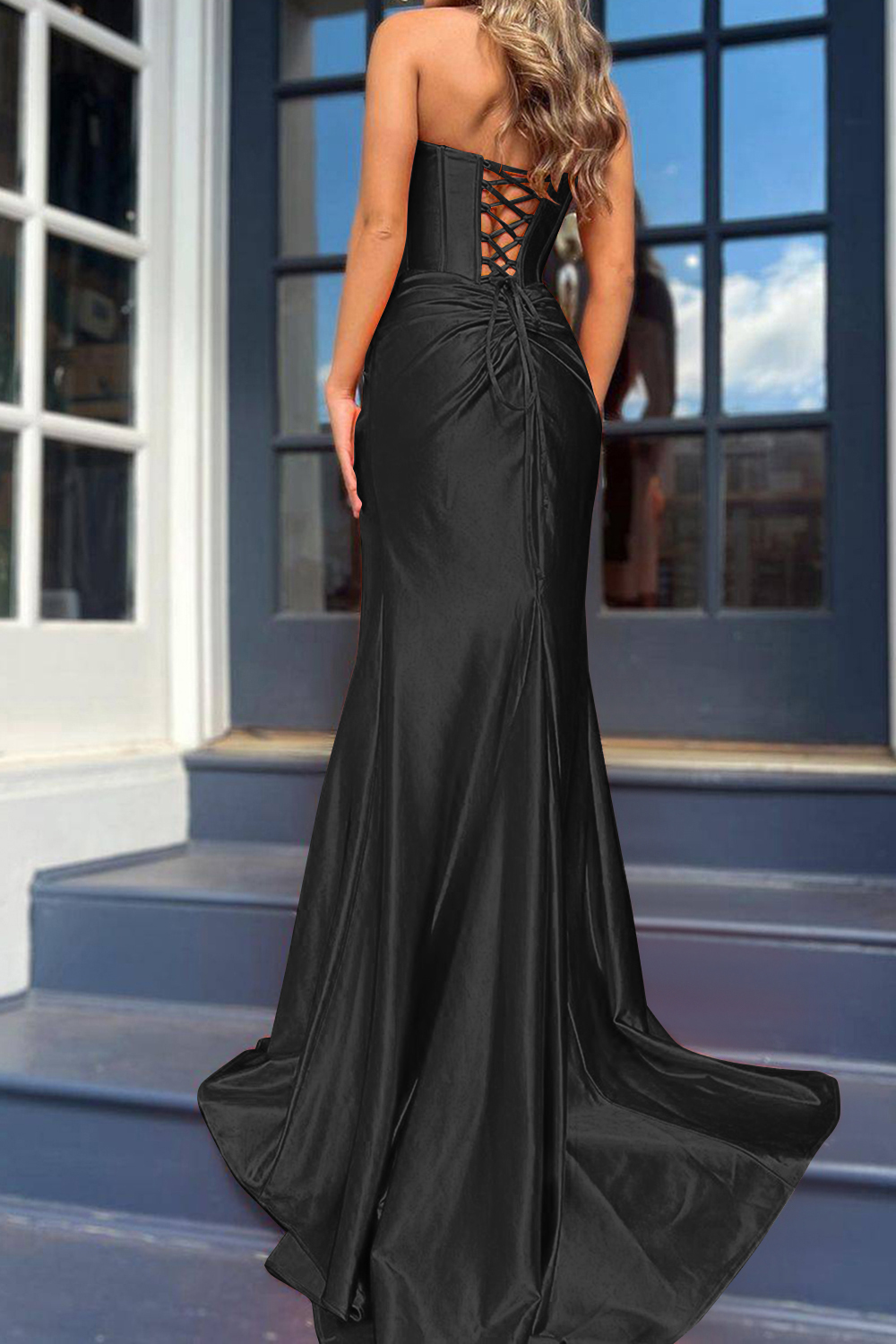 Mermaid Satin Strapless Lace Up Long Prom Dress With Slit