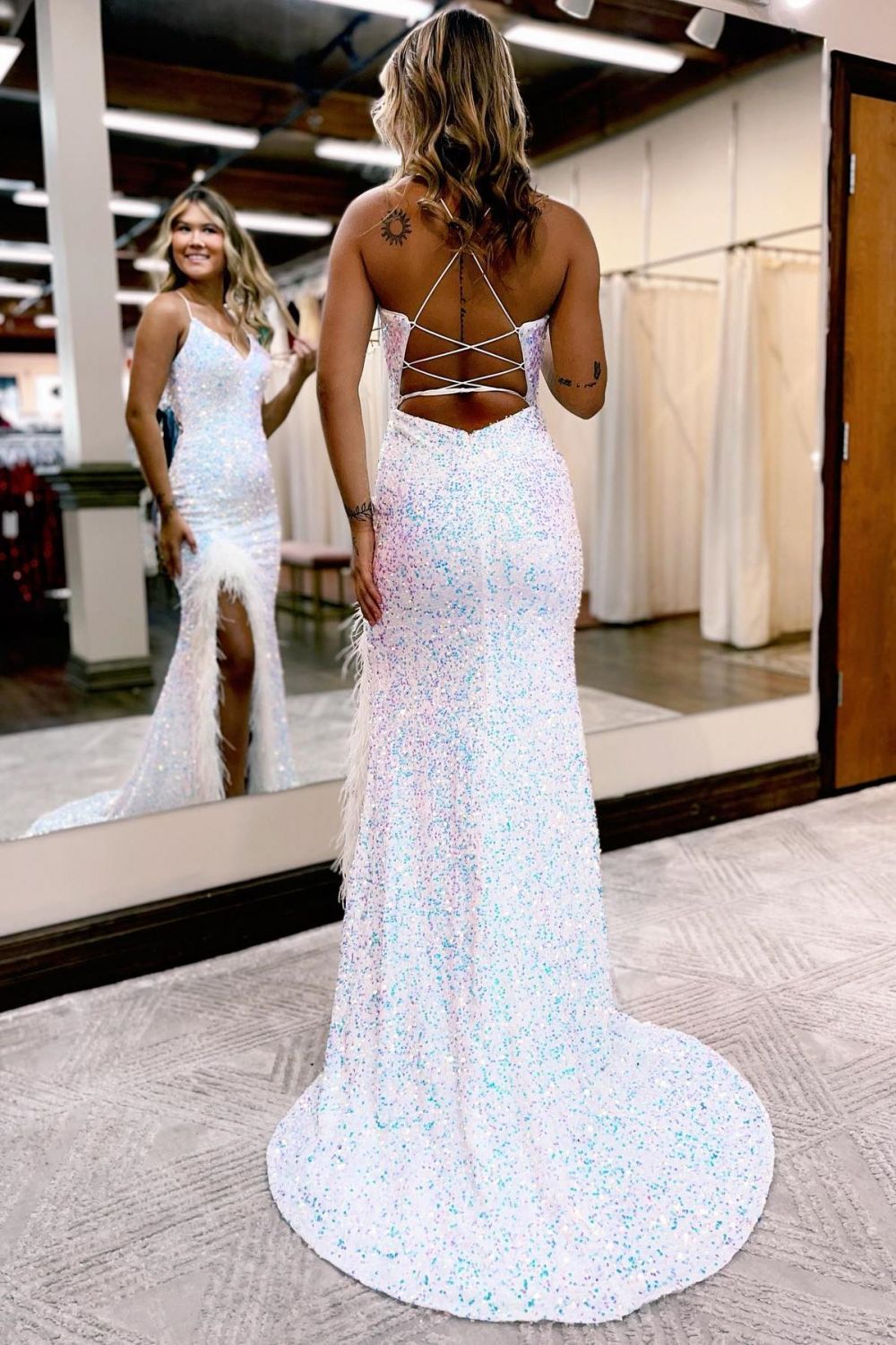 Mermaid V-Neck Corset Back Glitter Prom Dress With Split