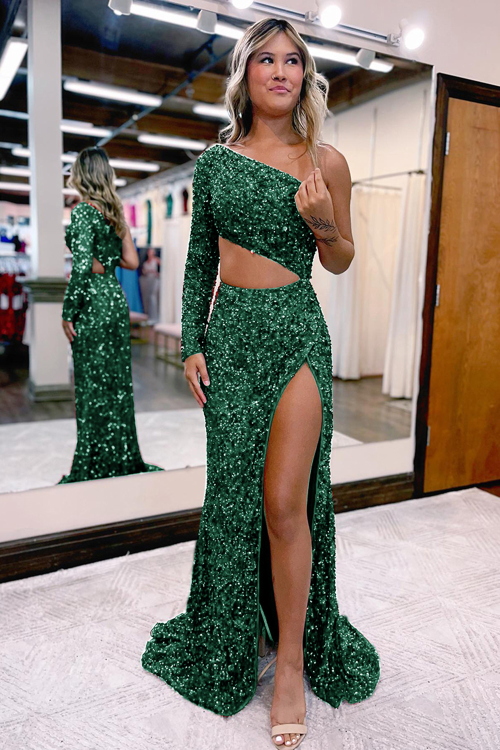 Red One Shoulder Sequin Prom Dress With Front Split