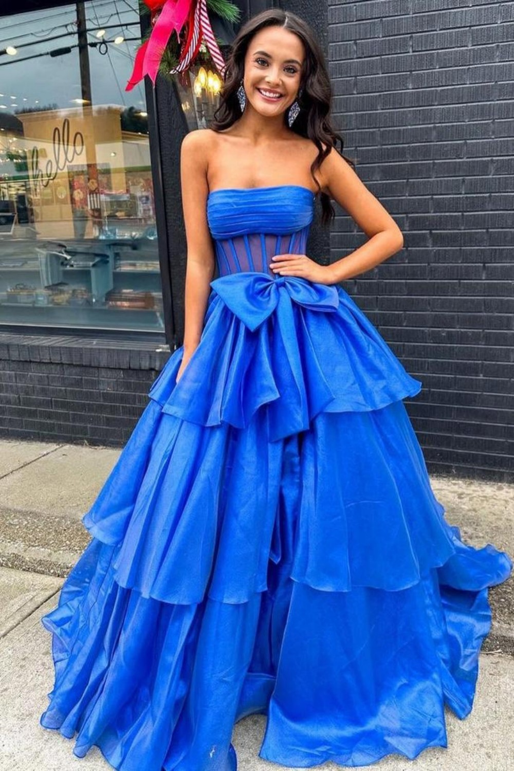 Lovely A-Line Fuchsia Strapless Long Organza Prom Dress with Slit and Bowknot