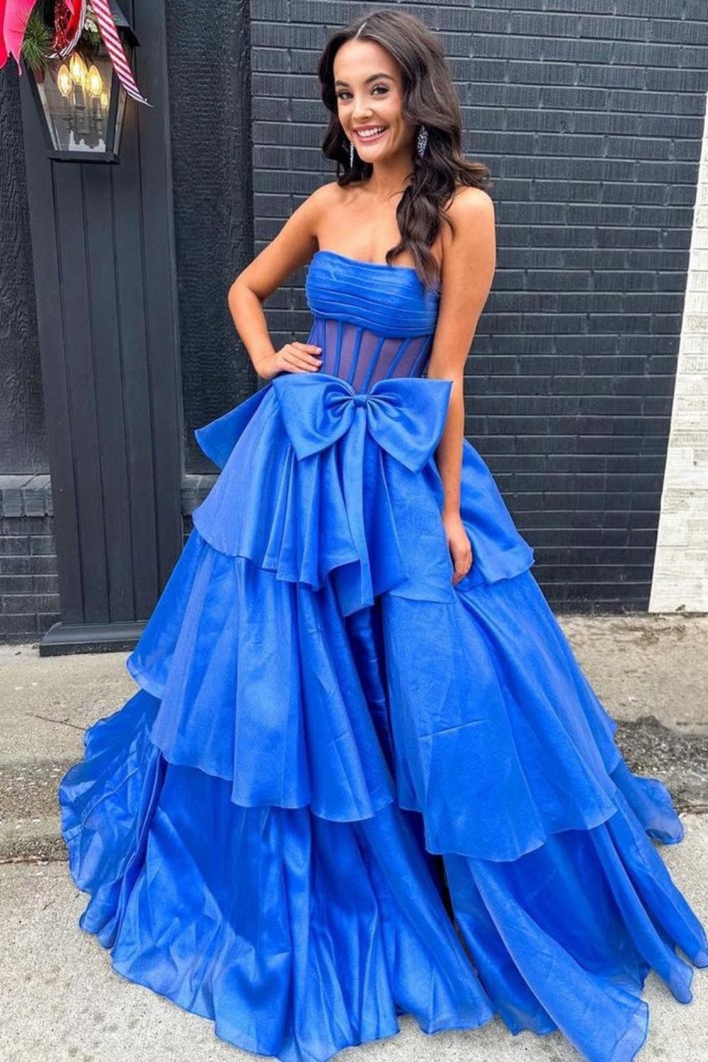 Lovely A-Line Fuchsia Strapless Long Organza Prom Dress with Slit and Bowknot