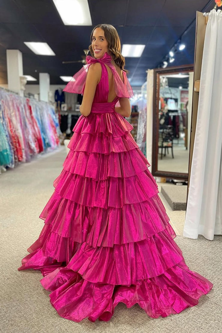 Trendy Pink A-Line Deep V-Neck Long Tiered Prom Dress With Split