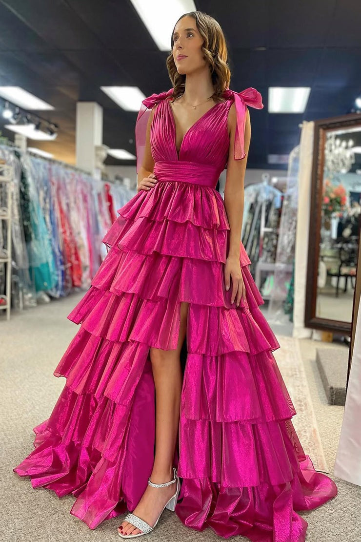Trendy Pink A-Line Deep V-Neck Long Tiered Prom Dress With Split