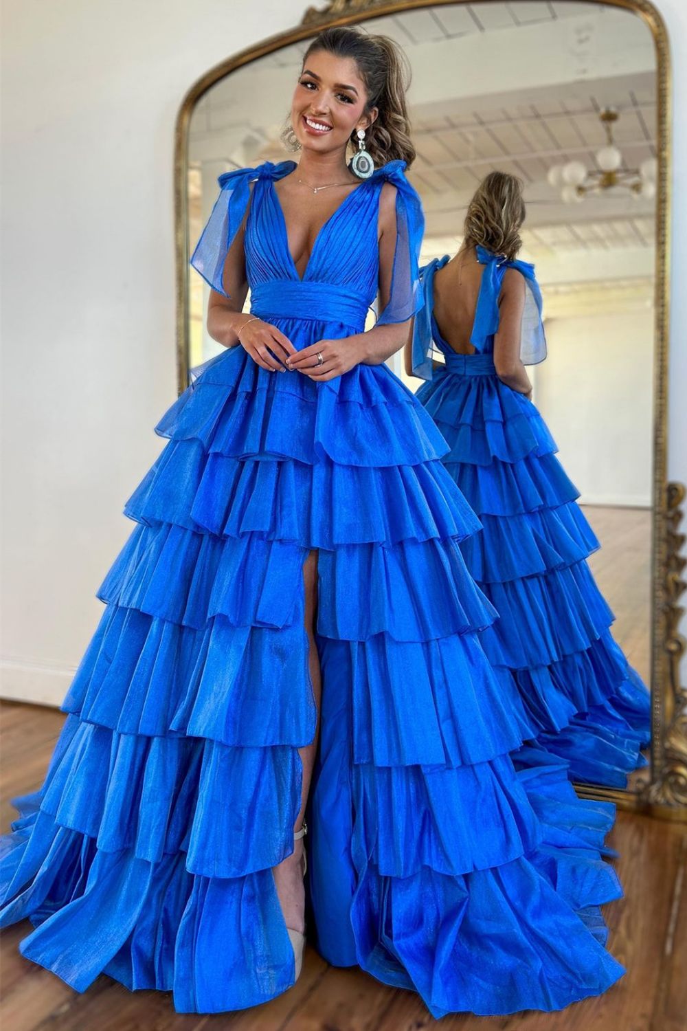 Trendy Pink A-Line Deep V-Neck Long Tiered Prom Dress With Split