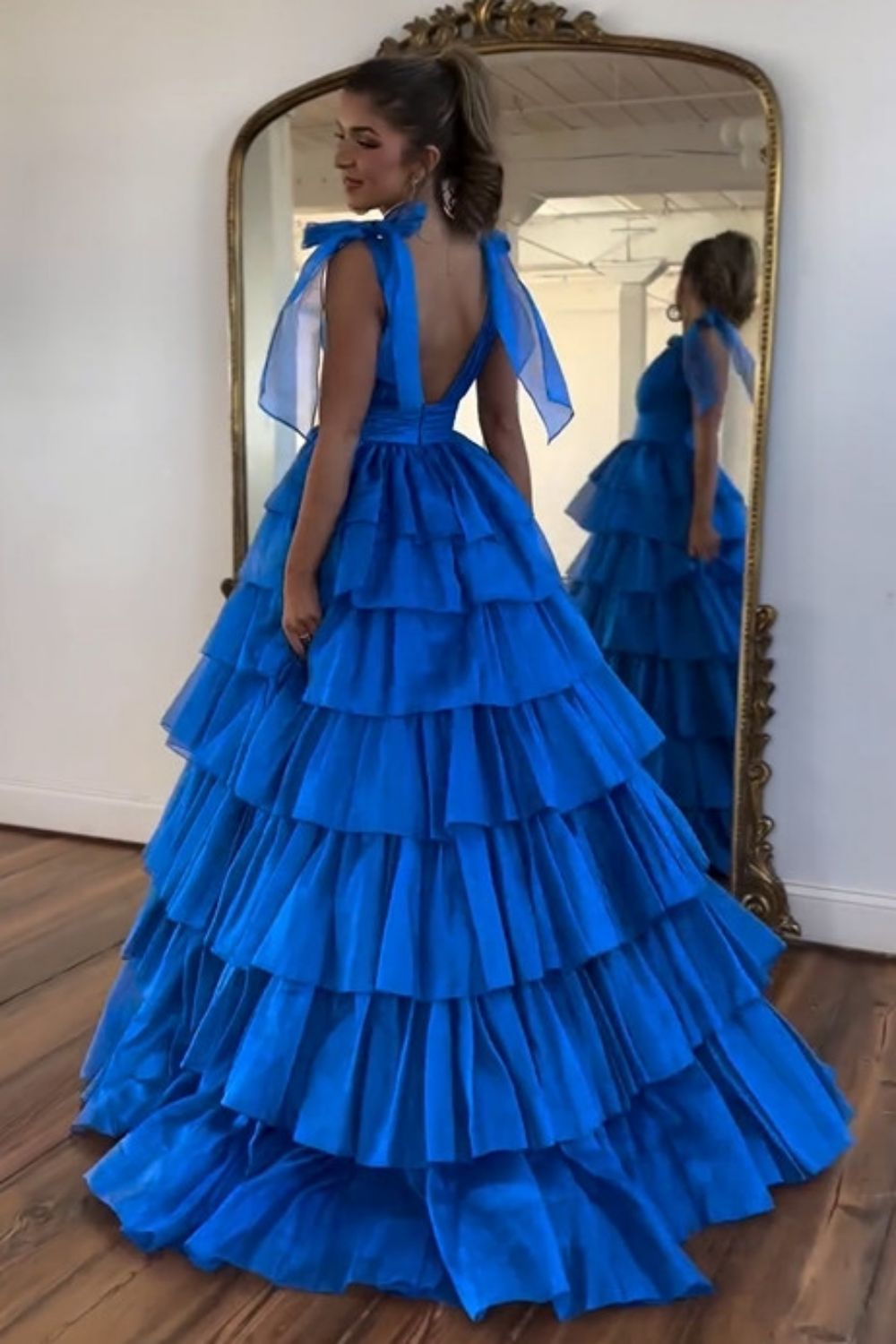 Trendy Pink A-Line Deep V-Neck Long Tiered Prom Dress With Split