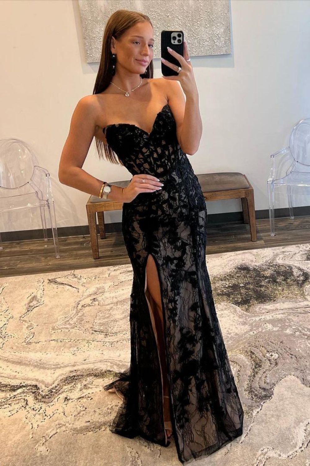 Black Strapless Mermaid Sweep Train Lace Up Prom Dress With Split