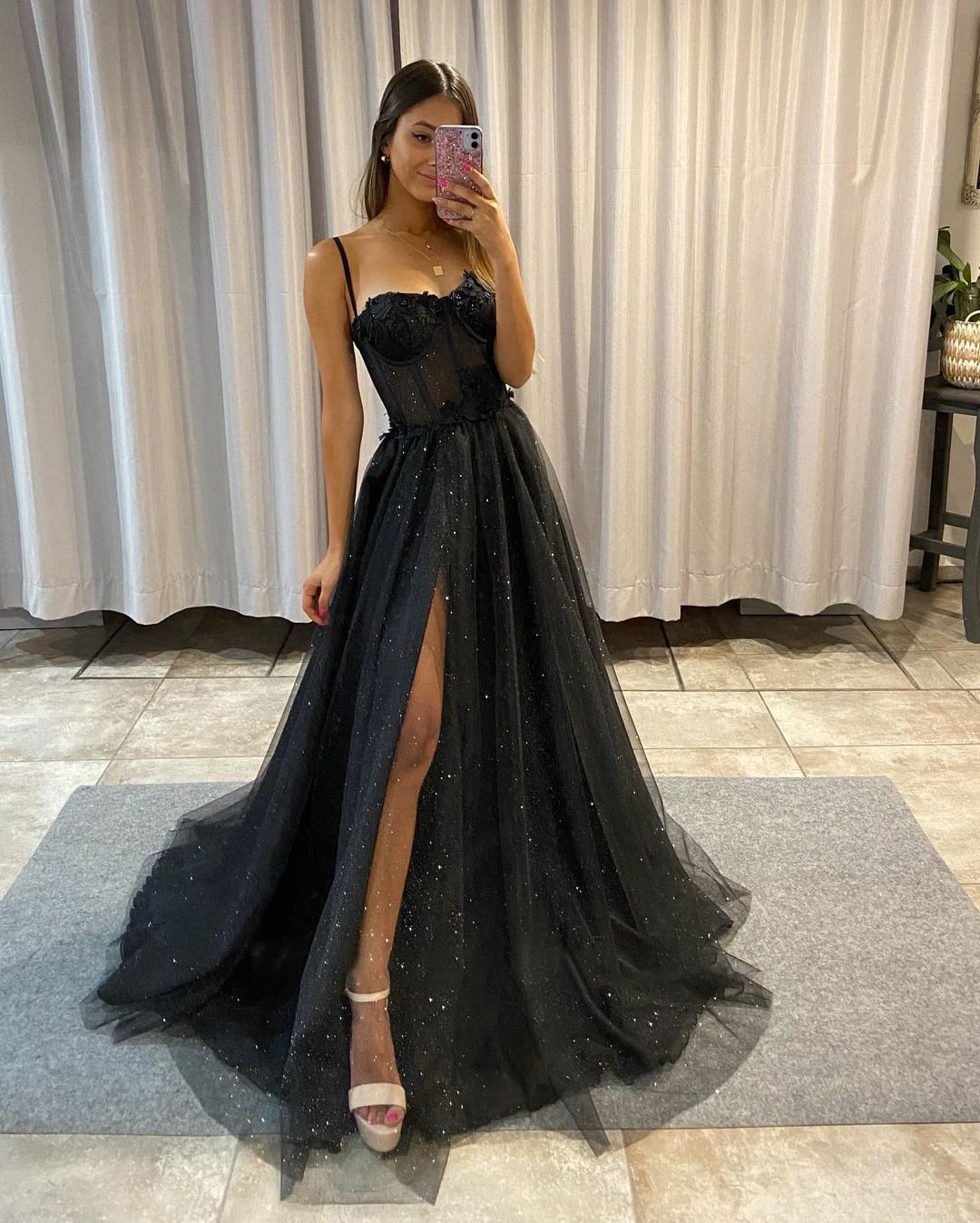Black A-line Spaghetti Straps Glitter Prom Dress With Split