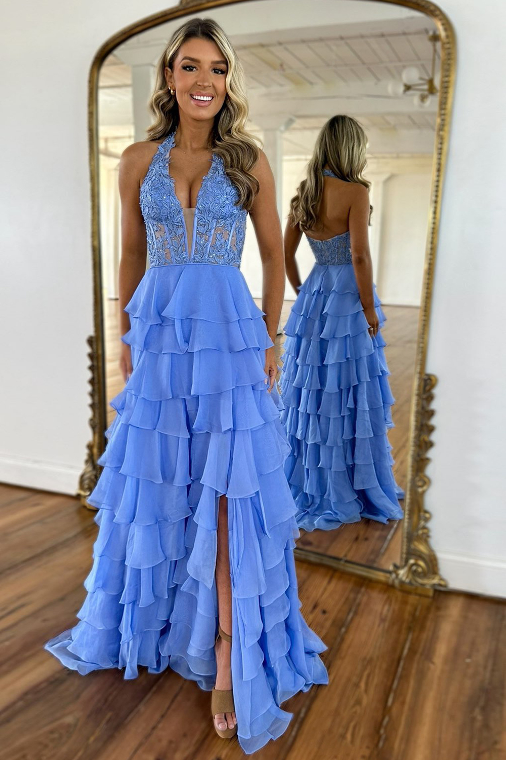 Blue A-Line Halter Neck Lace Top Long Tiered Chiffon Prom Dress With Slit