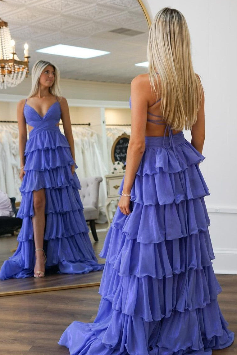 Blue A-Line Spaghetti Straps Lace Up Long Tiered Prom Dress with Slit
