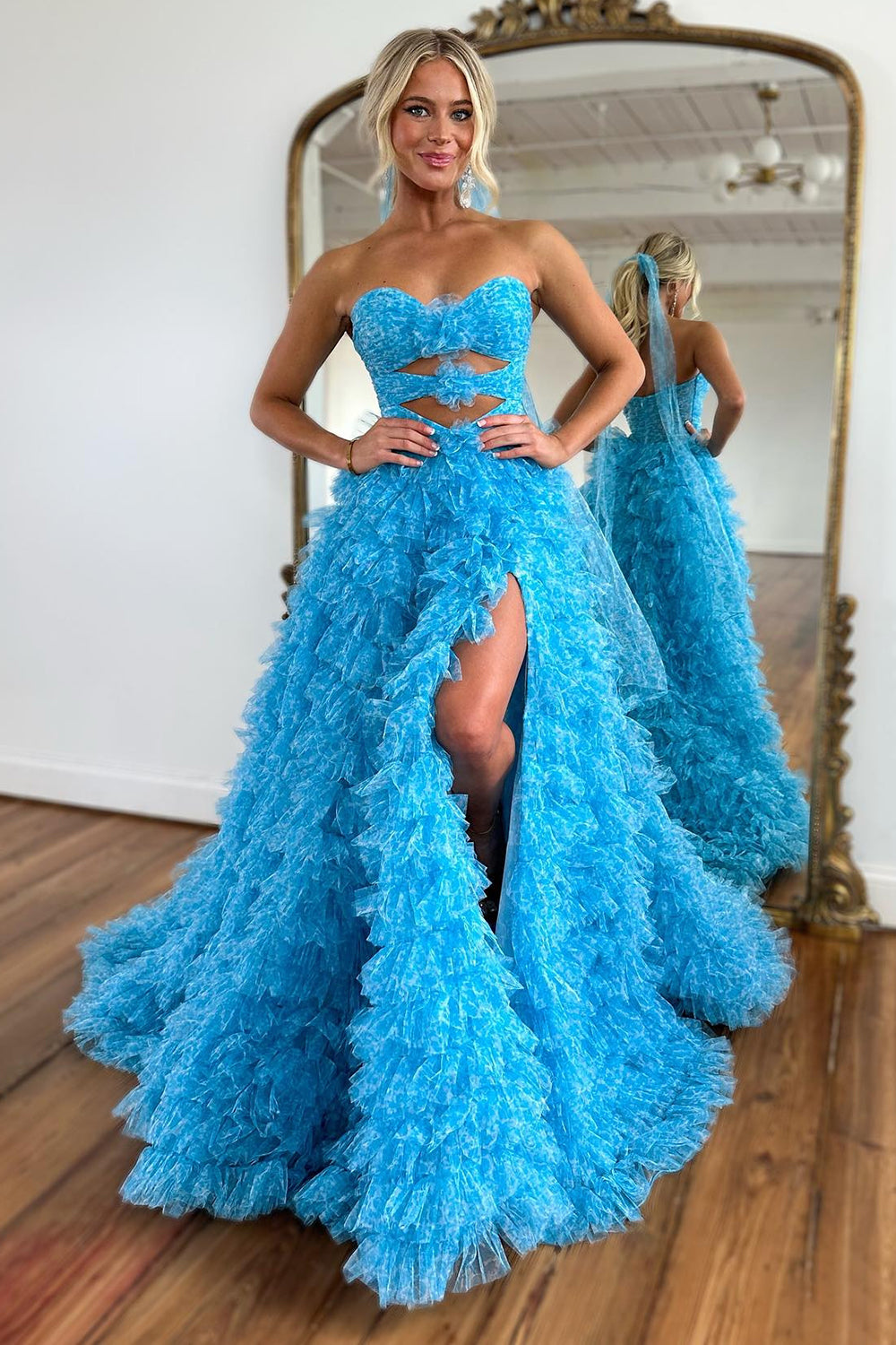 Blue Cute A-Line Sweetheart Long Tiered Tulle Prom Dress With Split