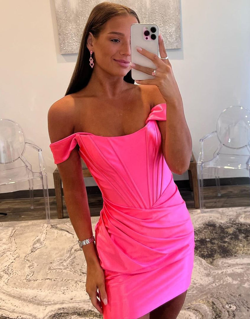 Bodycon Off The Shoulder Satin Homecoming Dress With Pleating