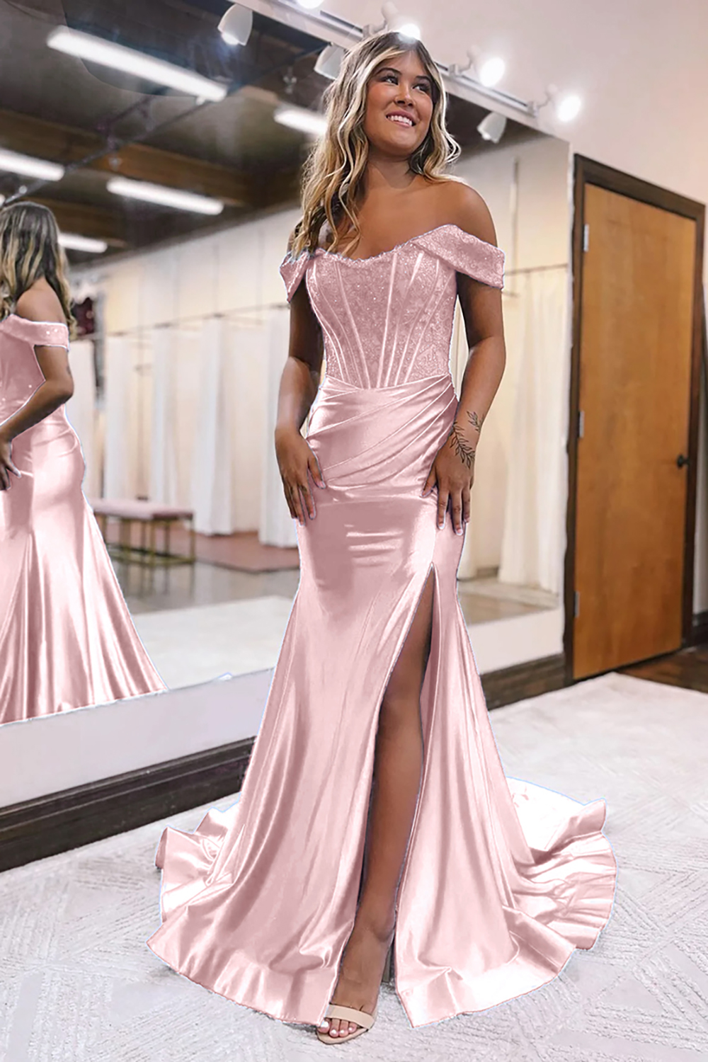 Mermaid Off The Shoulder Court Train Long Dress With Split