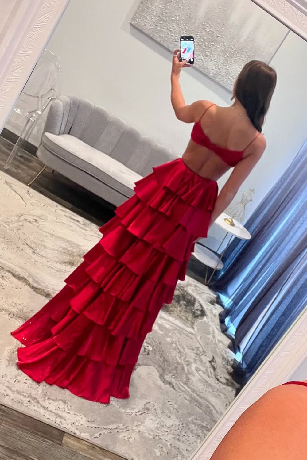 Charming A Line V-Neck Red Satin Slit Tiered Prom Dresses