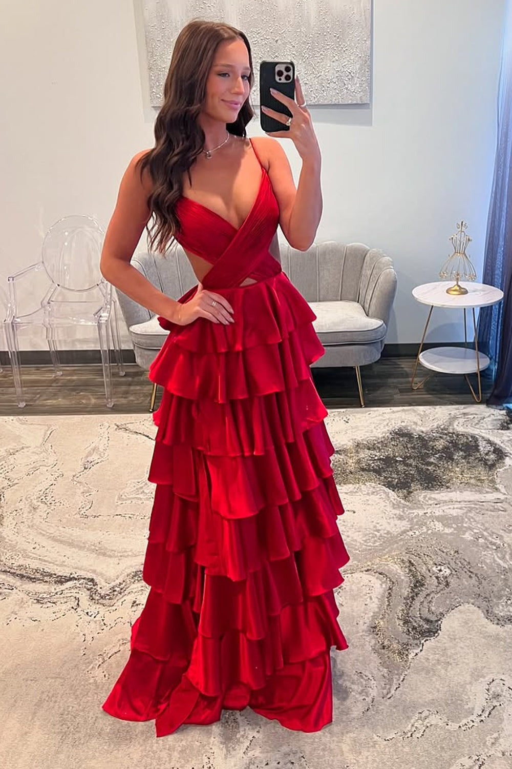 Charming A Line V-Neck Red Satin Slit Tiered Prom Dresses