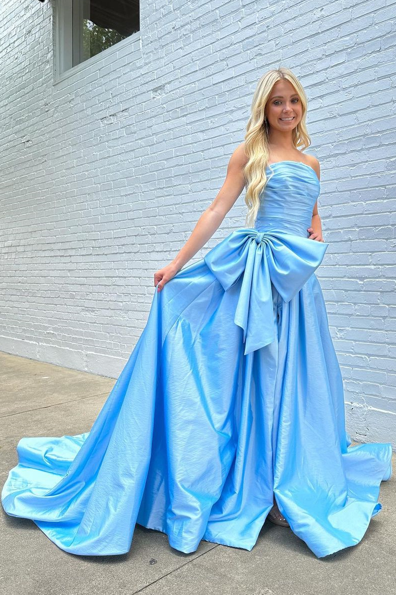 Elegant Light Blue A-Line Strapless Zipper Satin Prom Dress With Bowknot