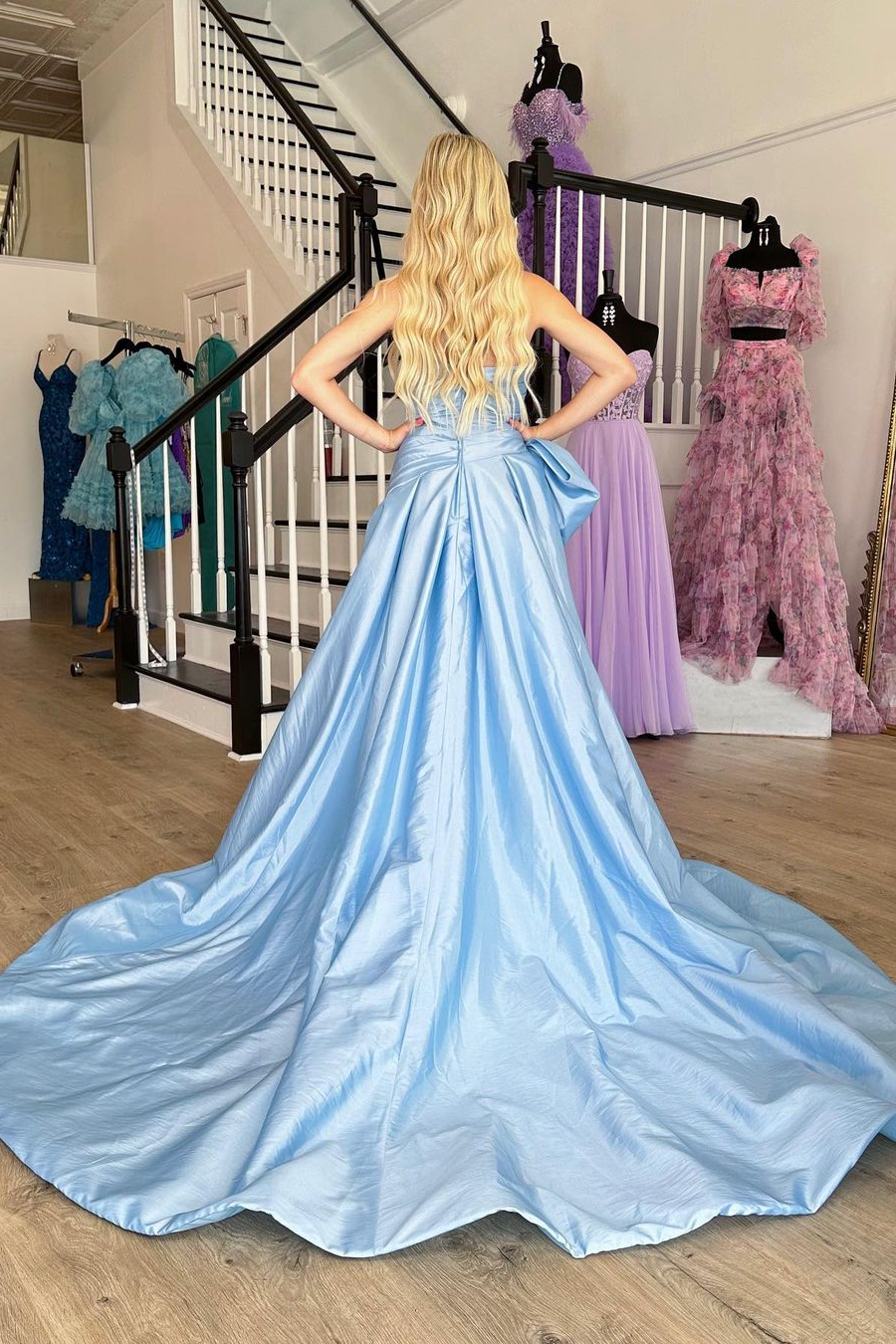 Elegant Light Blue A-Line Strapless Zipper Satin Prom Dress With Bowknot
