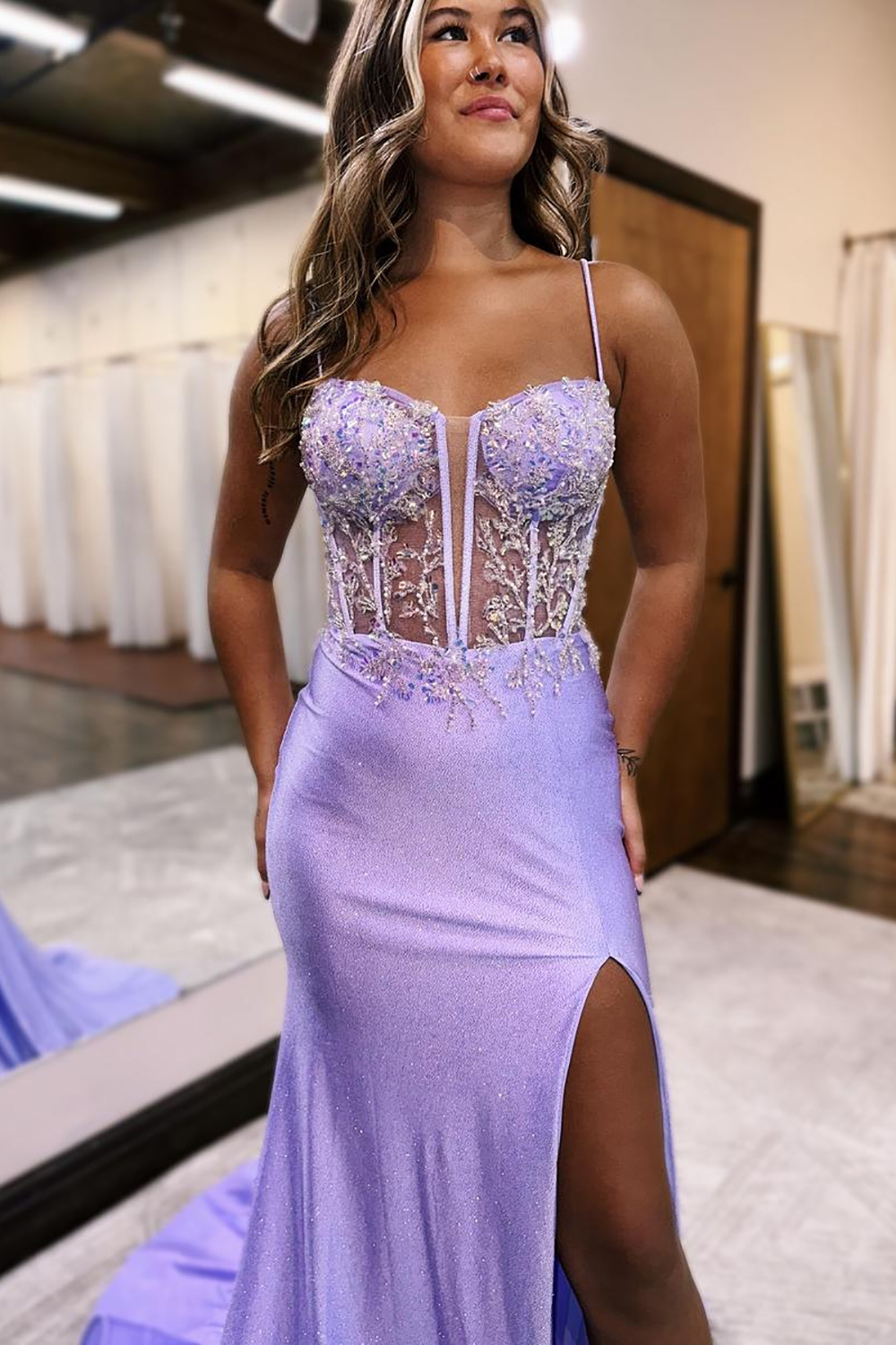 Charming Lilac Mermaid Glitter Top Spaghetti Straps Long Prom Dress With Slit