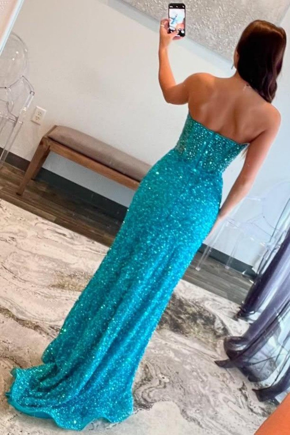 Charming Scoop Neck Sequins Slit Mermaid Prom Dresses