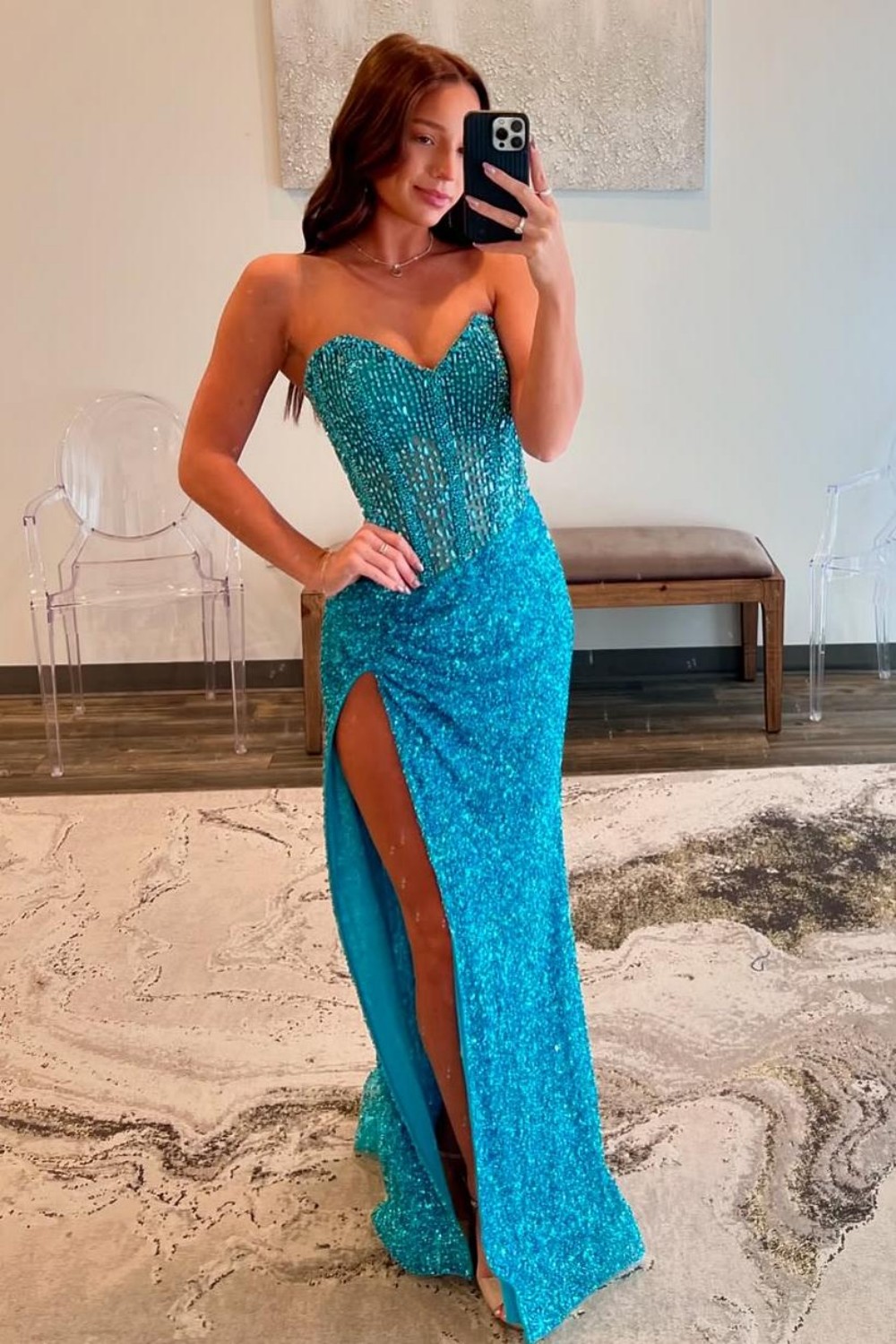 Charming Scoop Neck Sequins Slit Mermaid Prom Dresses