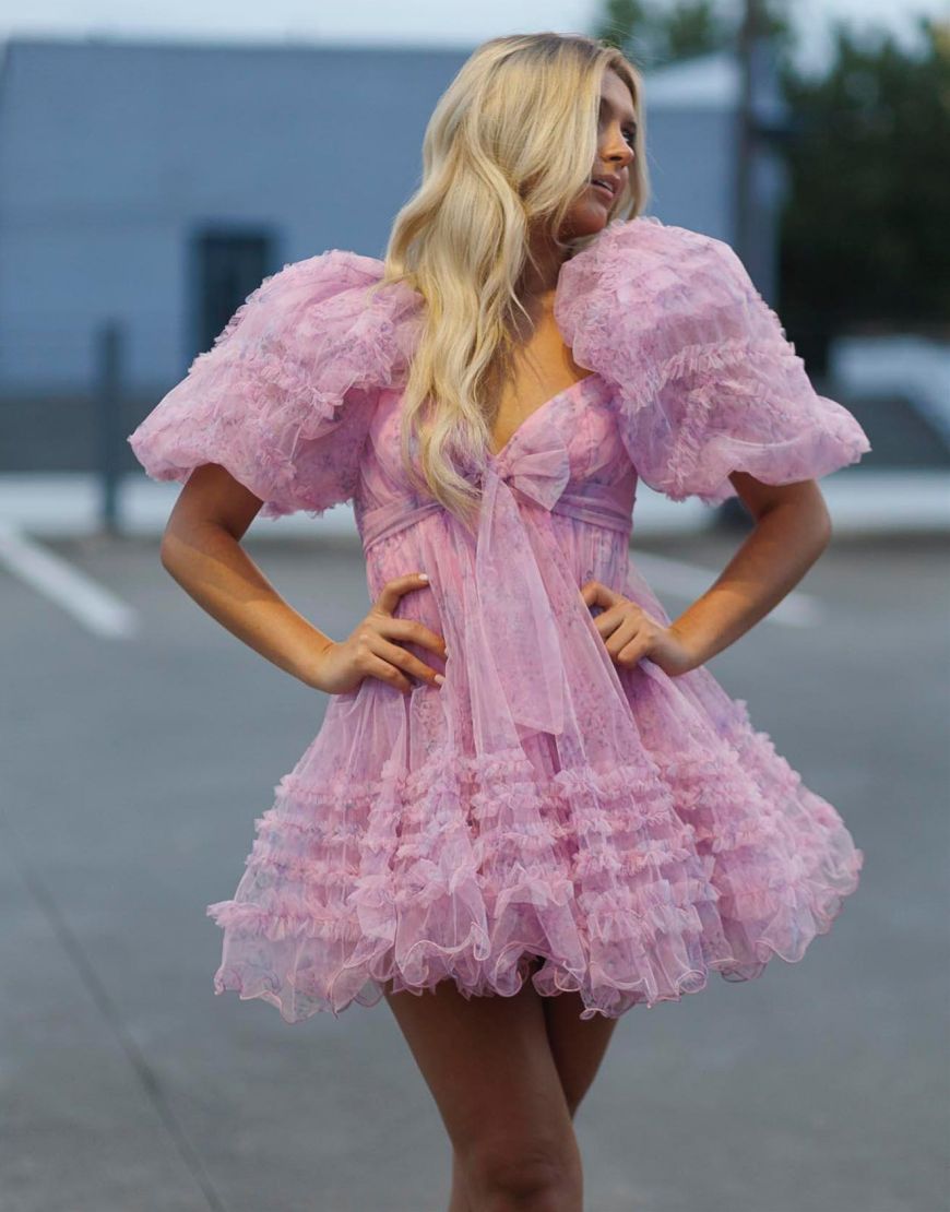Charming A-Line Puff Sleeves Short Tulle Homecoming Dress