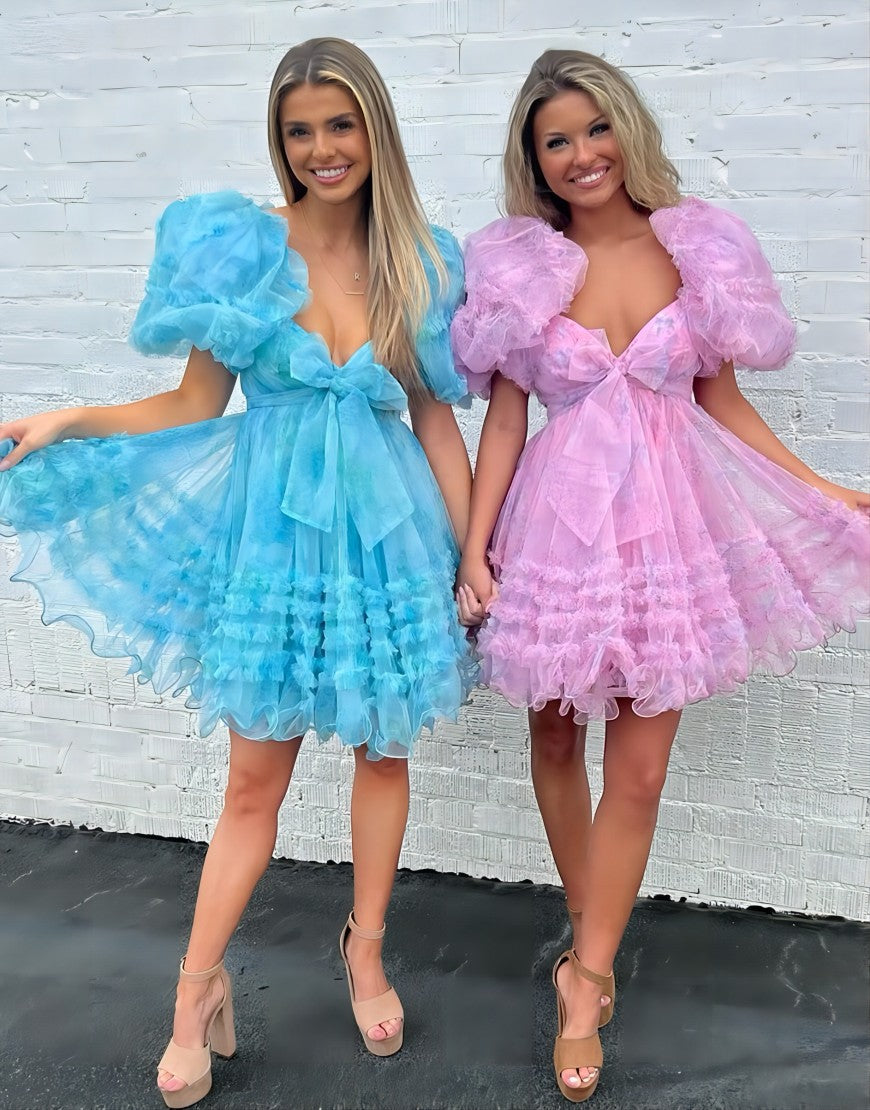 Charming A-Line Puff Sleeves Short Tulle Homecoming Dress