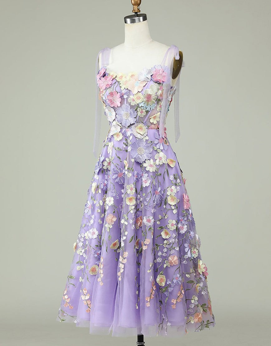 Charming A-Line Tea Length Party Dress With Embroidery Flowers