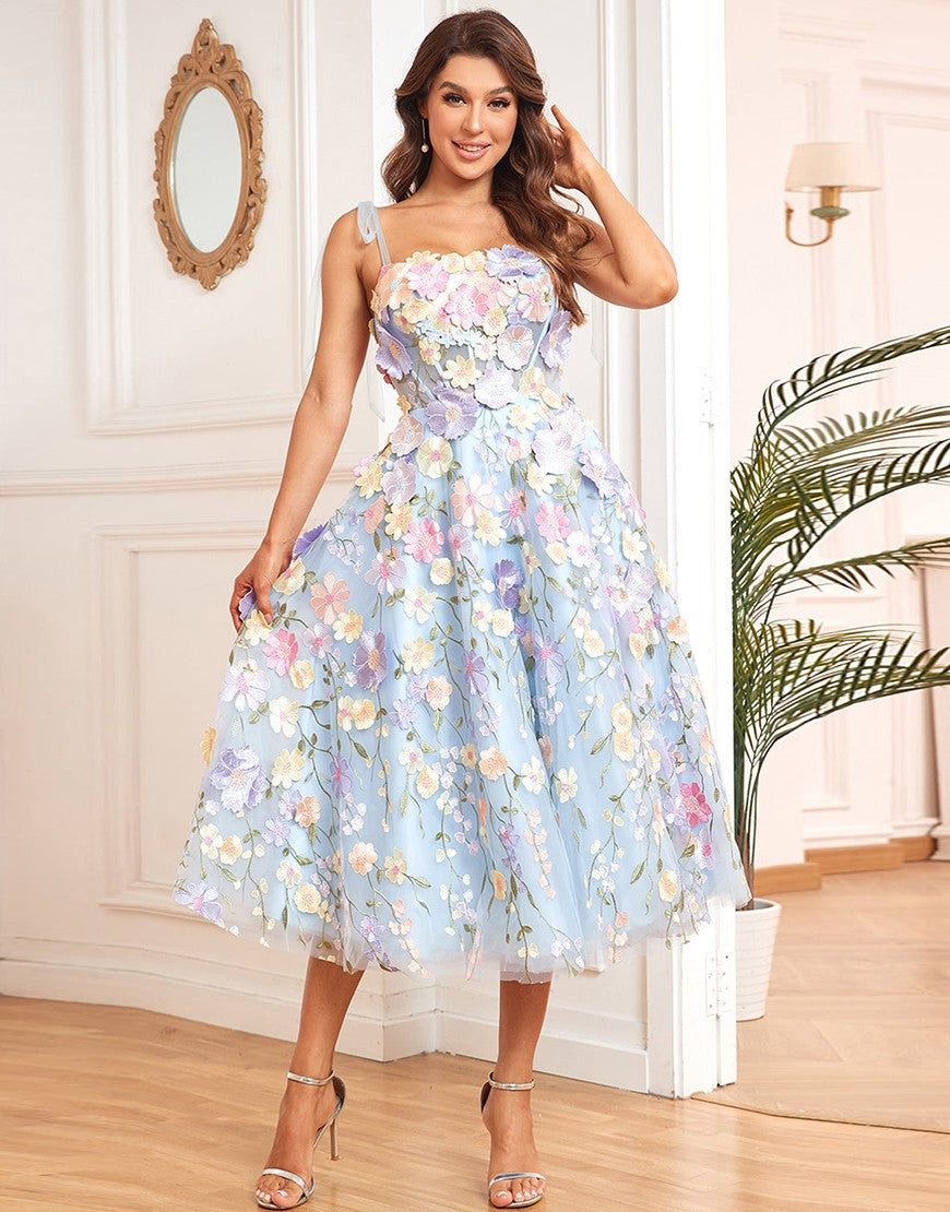 Charming A-Line Tea Length Party Dress With Embroidery Flowers