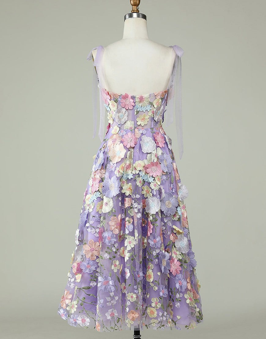Charming A-Line Tea Length Party Dress With Embroidery Flowers