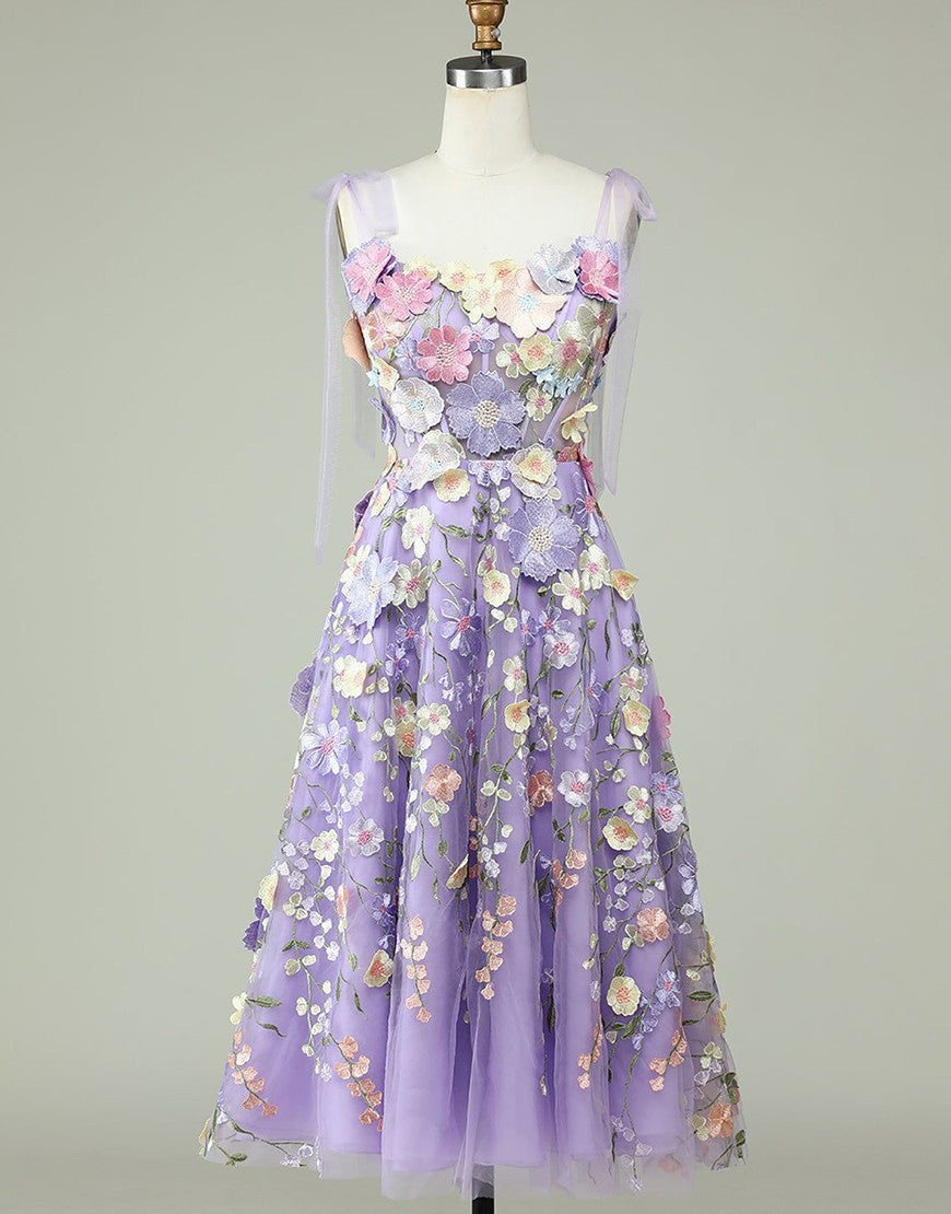 Charming A-Line Tea Length Party Dress With Embroidery Flowers