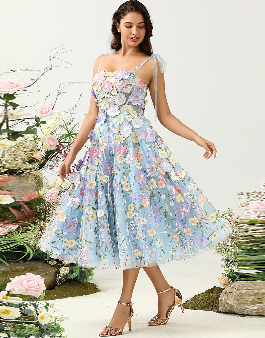 Charming A-Line Tea Length Party Dress With Embroidery Flowers