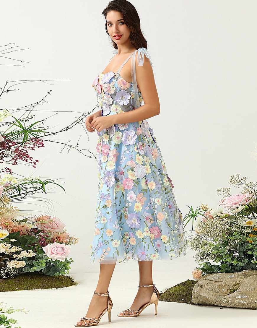 Charming A-Line Tea Length Party Dress With Embroidery Flowers