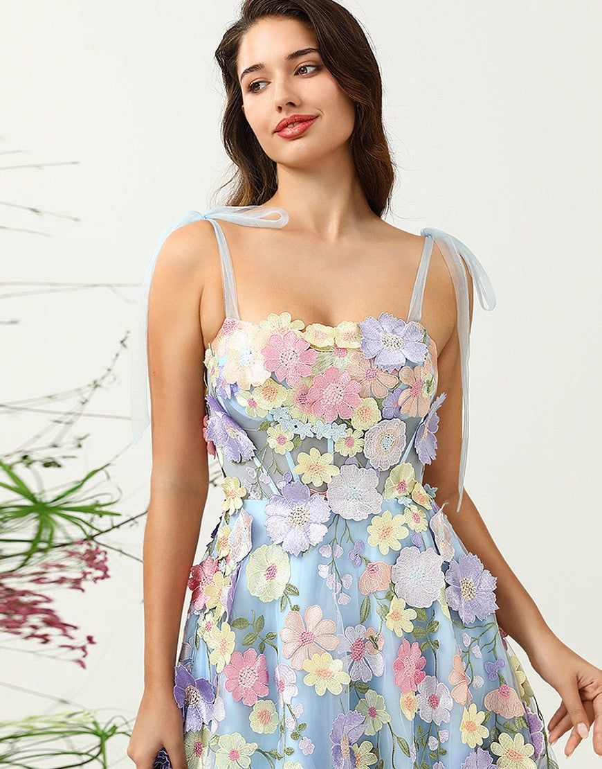 Charming A-Line Tea Length Party Dress With Embroidery Flowers