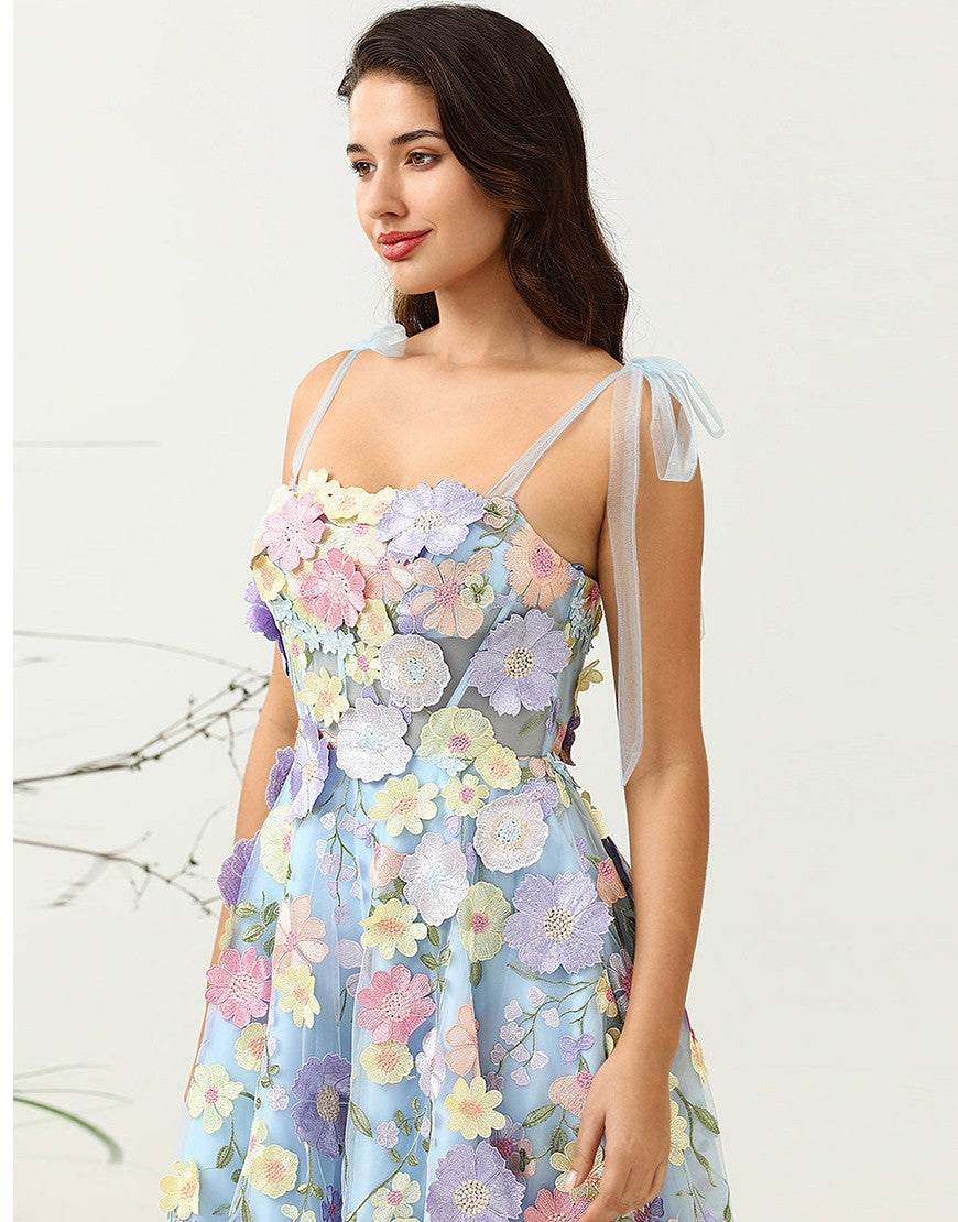 Charming A-Line Tea Length Party Dress With Embroidery Flowers