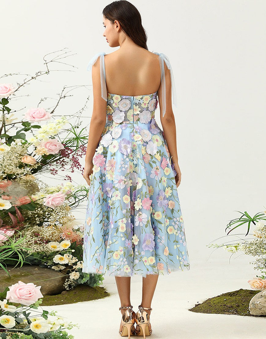 Charming A-Line Tea Length Party Dress With Embroidery Flowers