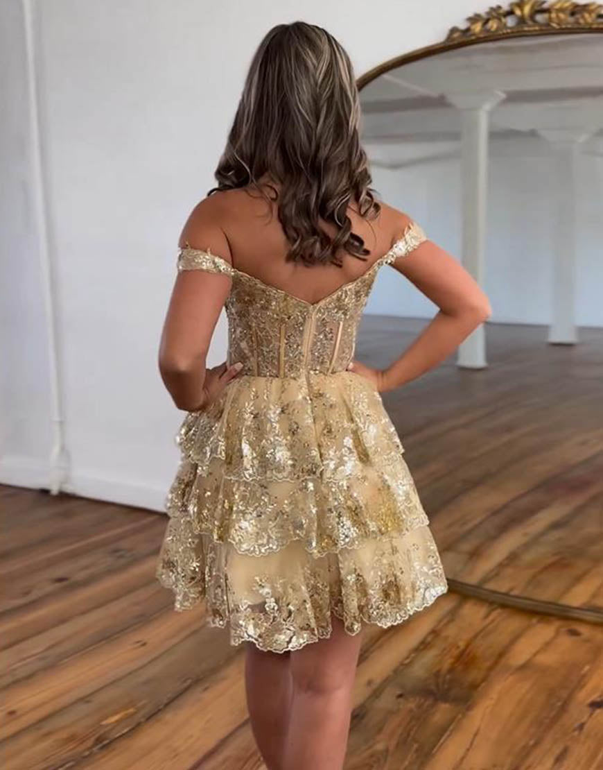 Sparkly Navy A-Line Tiered Homecoming Dress With Appliques